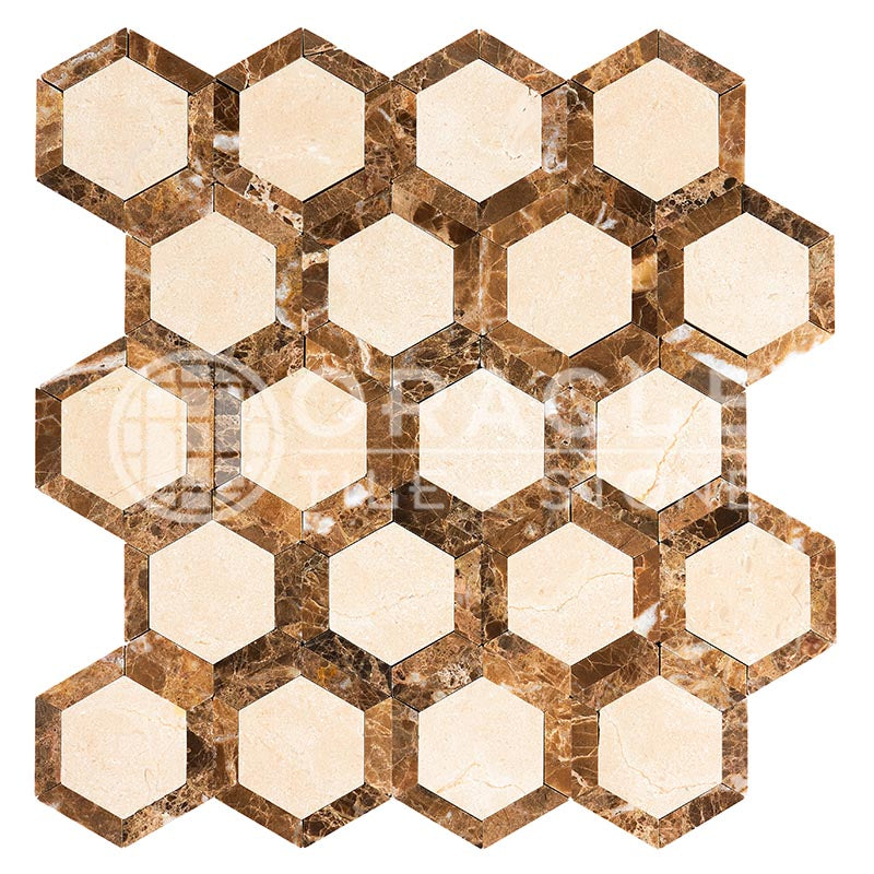 Crema Marfil Marble - Vortex Hexagonal Mosaic Tile w/ Emperador Dark Marble Strips