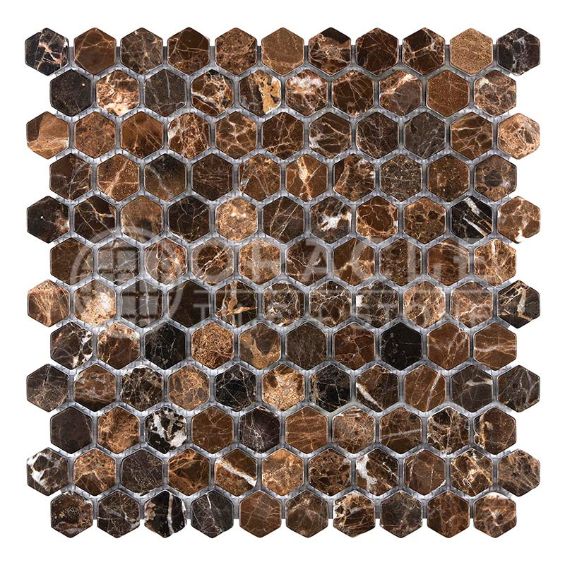 Emperador Dark (Spanish)	Marble	1" X 1"	Hexagon Mosaic	Tumbled