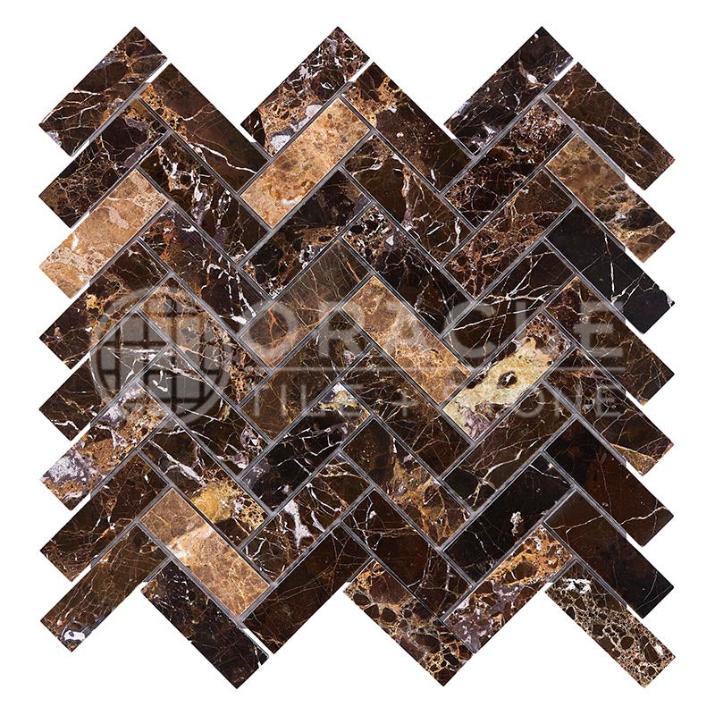 Emperador Dark Marble - Herringbone (1" X 3") Mosaic Tile