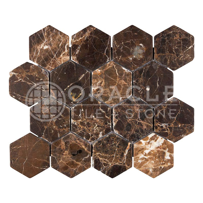 Emperador Dark (Spanish)	Marble	3" X 3"	Hexagon Mosaic	Tumbled