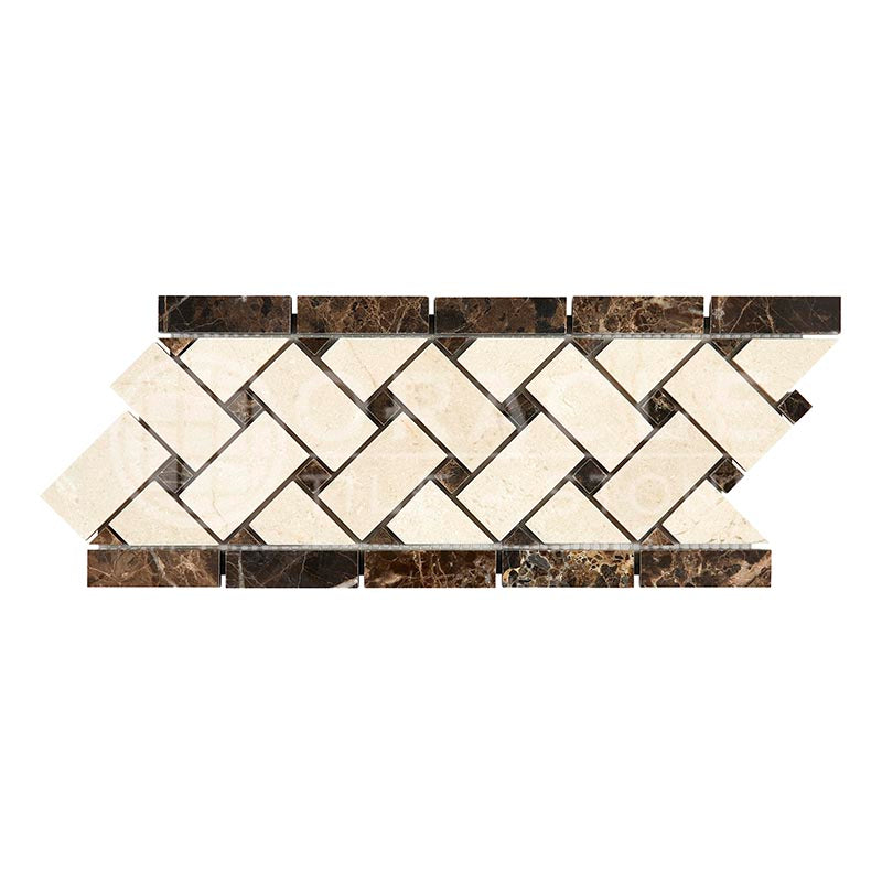 Emperador Dark Marble - Basketweave Border / Listello with Crema Marfil Marble Dots