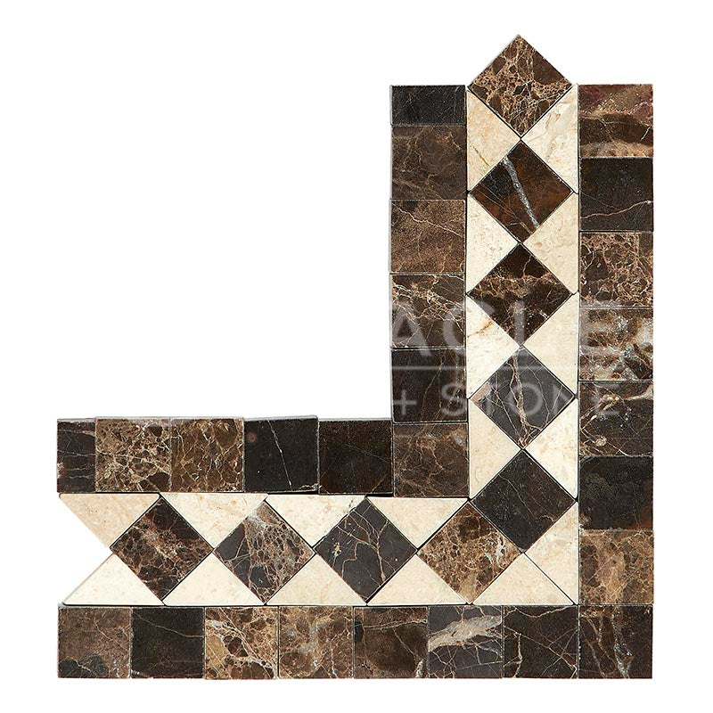 Emperador Dark Marble - BIAS Border / Listello CORNER with Crema Marfil Marble Dots