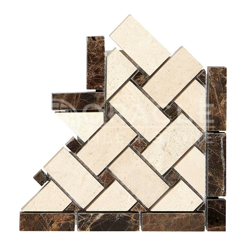 Emperador Dark Marble - Basketweave Border / Listello CORNER with Crema Marfil Marble Dots