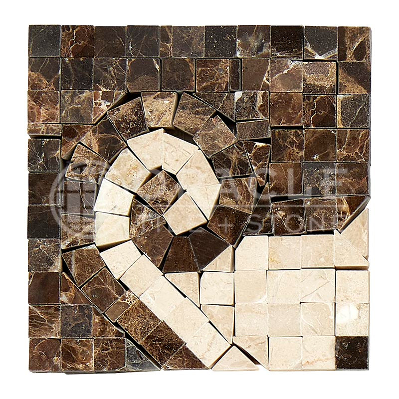 Emperador Dark Marble - WAVE Border / Listello CORNER with Crema Marfil Marble Dots