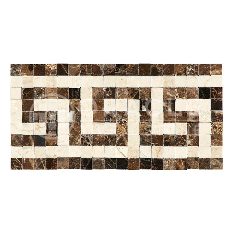 Emperador Dark Marble - Greek Key Border / Listello with Crema Marfil Marble Dots