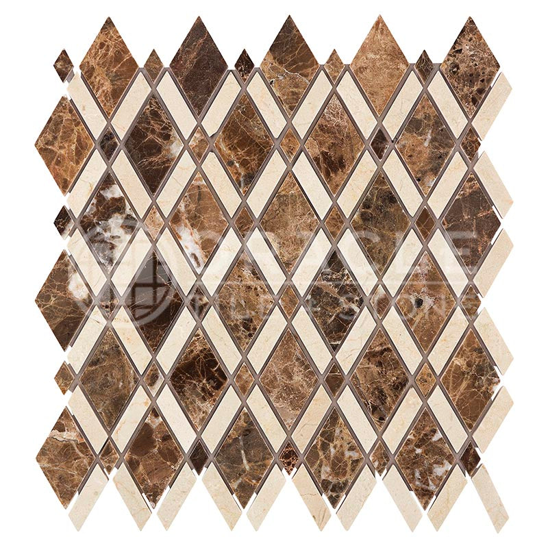 Emperador Dark Marble - Lattice Mosaic Tile w/ Crema Marfil Marble Strips