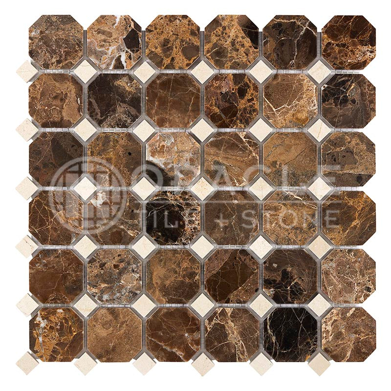 Emperador Dark Marble-  Octagonal Mosaic Tile w/ Crema Marfil Marble Dots