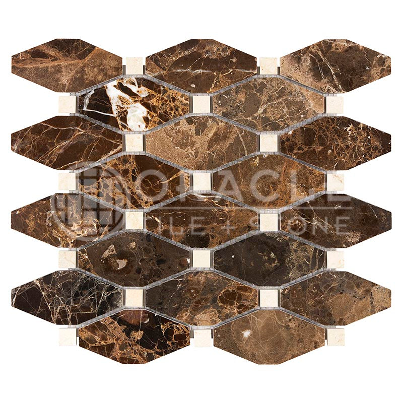 Emperador Dark Marble - Octave (Long Octagon) Mosaic Tile w/ Crema Marfil Marble Dots