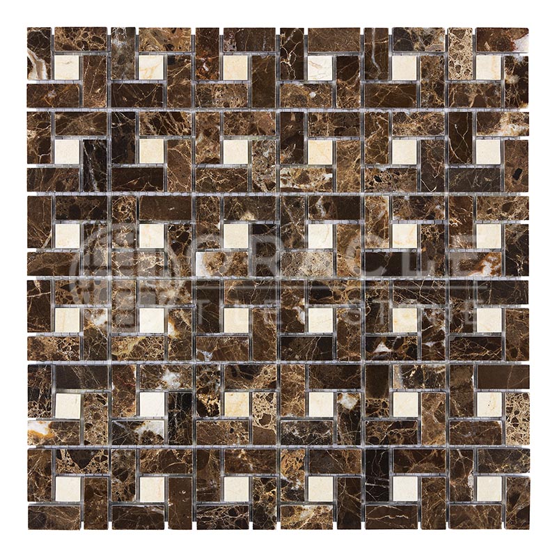 Emperador Dark Marble - Pinwheel Mosaic Tile with  Crema Marfil Marble Dots