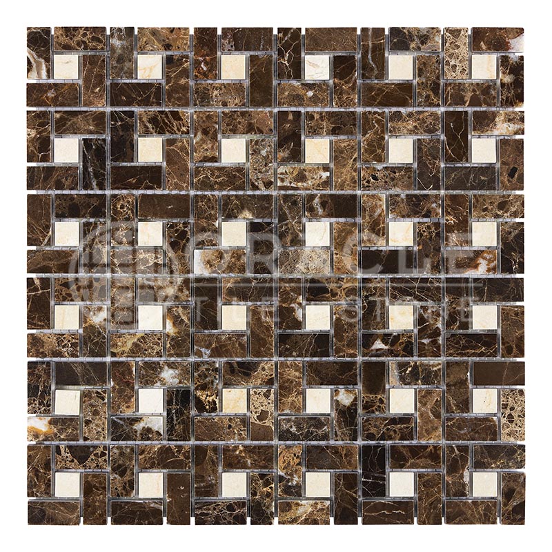 Emperador Dark (Spanish)	Marble	-	Pinwheel (Mini) Mosaic w/ C. Marfil Dots