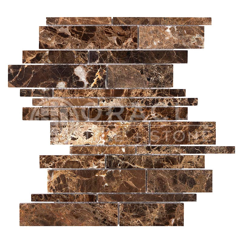 Emperador Dark Marble - Random-Strip (Manhattan) Mosaic Tile