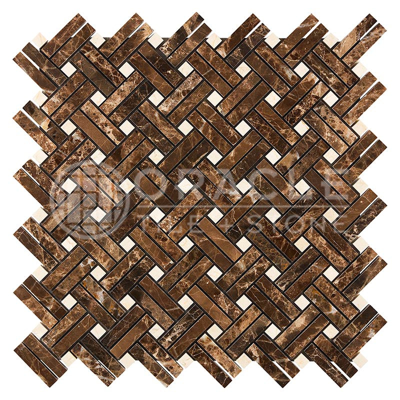 Emperador Dark Marble - Stanza Mosaic Tile w/ Crema Marfil Marble Dots