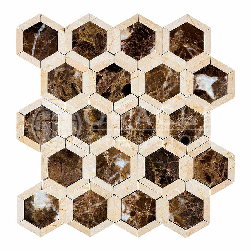 Emperador Dark Marble - Vortex Hexagonal Mosaic Tile w/ Crema Marfil Marble Strips