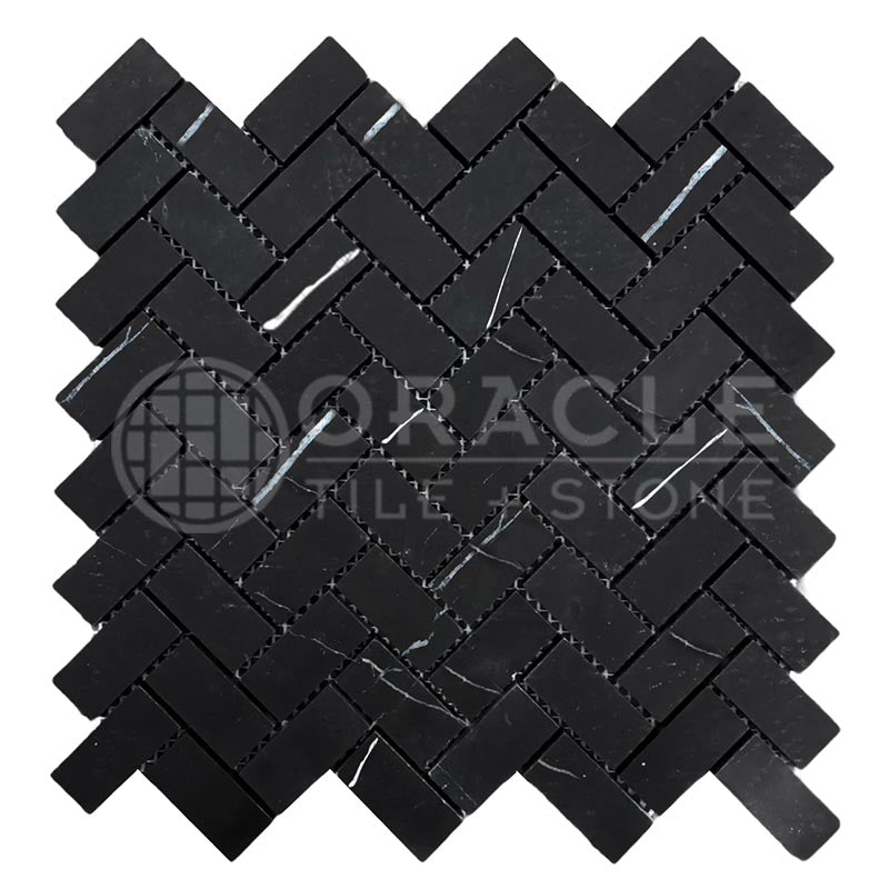 Negro Marquina Marble - Herringbone (1" X 2") Mosaic Tile