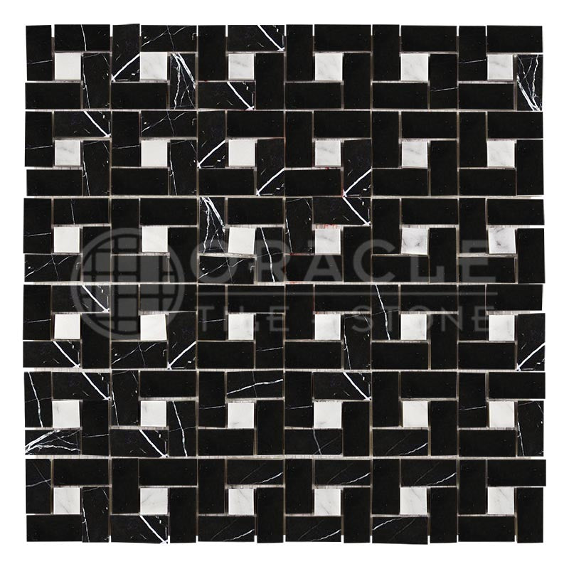 Negro Marquina Marble - Pinwheel Mosaic Tile w/ White Marble Dots