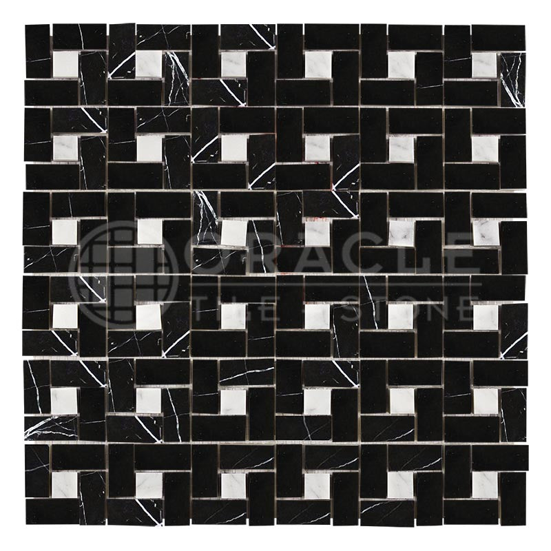 Nero Marquina (Black) Marble	-	Pinwheel (Mini) Mosaic w/ White Dots