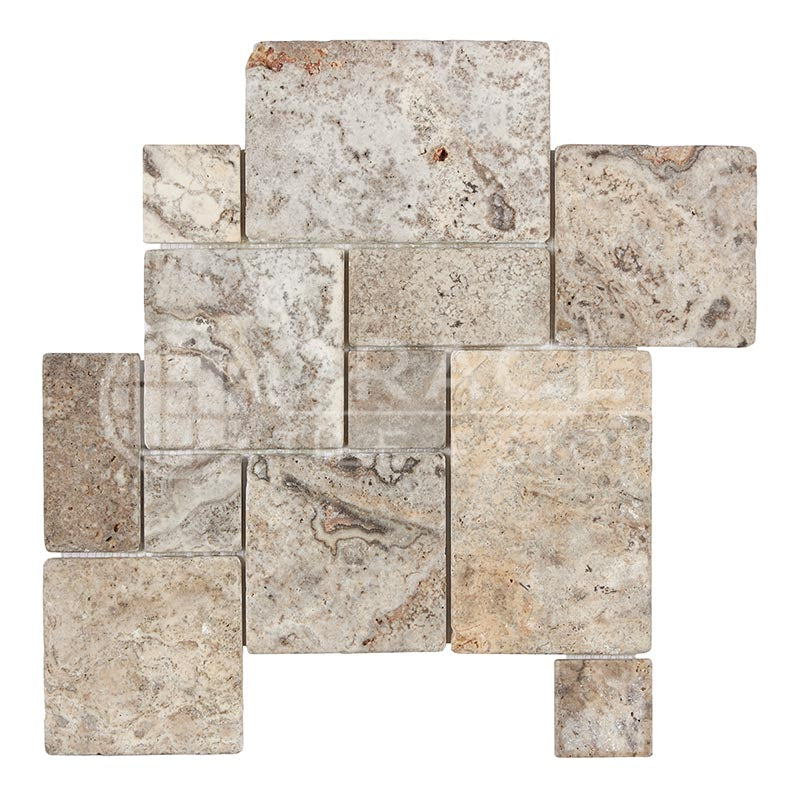 Silver Travertine -  OPUS Pattern (4-Pcs.) Interlocking Mosaic Tile