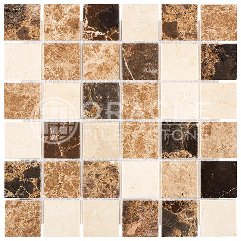 Spanish Mix Blend Marble (Emp. Light, Emp. Dark, Crema Marfil) - 2" X 2" Mosaic Tile