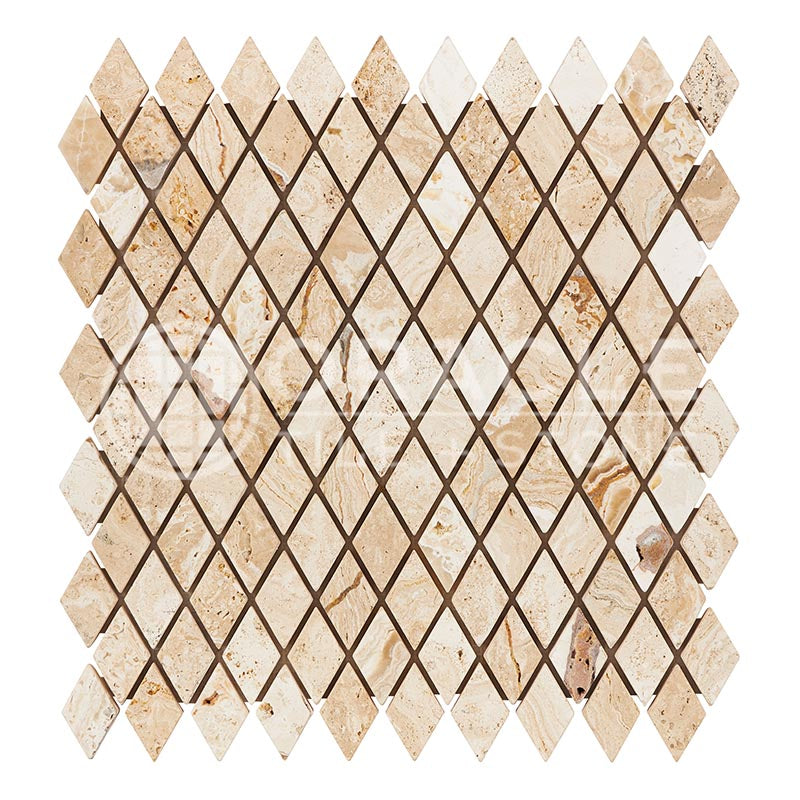 Valencia	Travertine	1" X 2"	Diamond / Rhomboid Mosaic	Tumbled